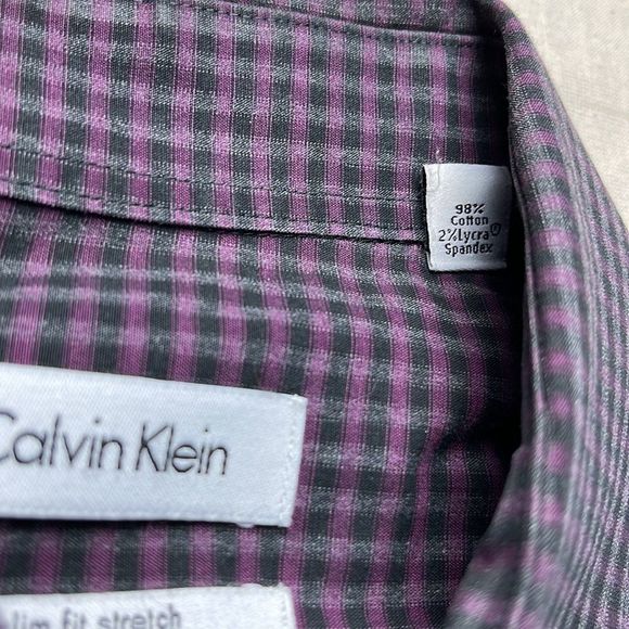 Calvin Klein Shirt Mens Size 16.5 34/35 Purple Gingham Slim Stretch Button Down - Picture 6 of 9